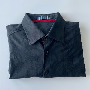 Toku Long-sleeve black print dress shirt. XL that fits like a large.
